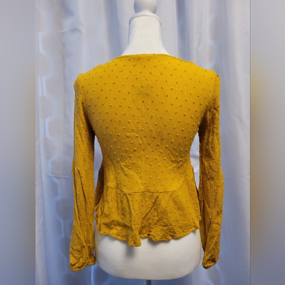 Sadie & Sage Womens Crop Blouse Small Mustard Yellow Swiss Dot Ruffle Hem - Picture 2 of 10
